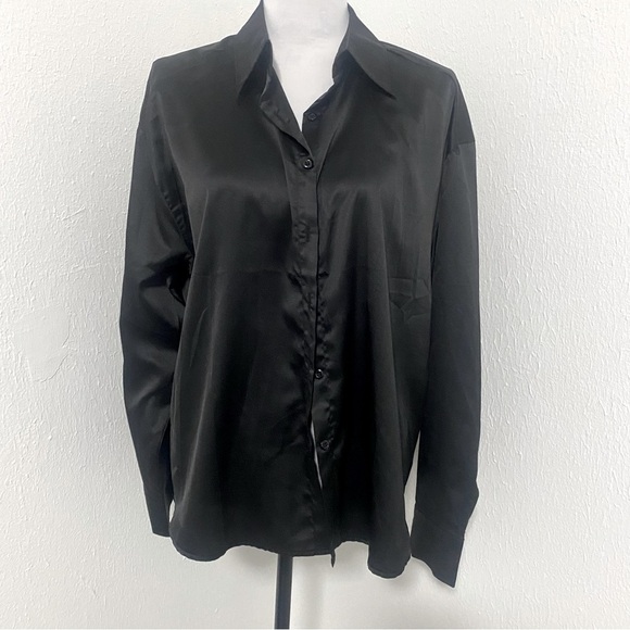 SHEIN Long Sleeve Button Down 100% Polyester Blouse Black Size Medium - Picture 2 of 8